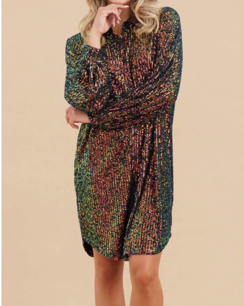 Front of a model wearing a size 1X Holiday Time Dress In Multi in Multi by Jodifl. | dia_product_style_image_id:345255